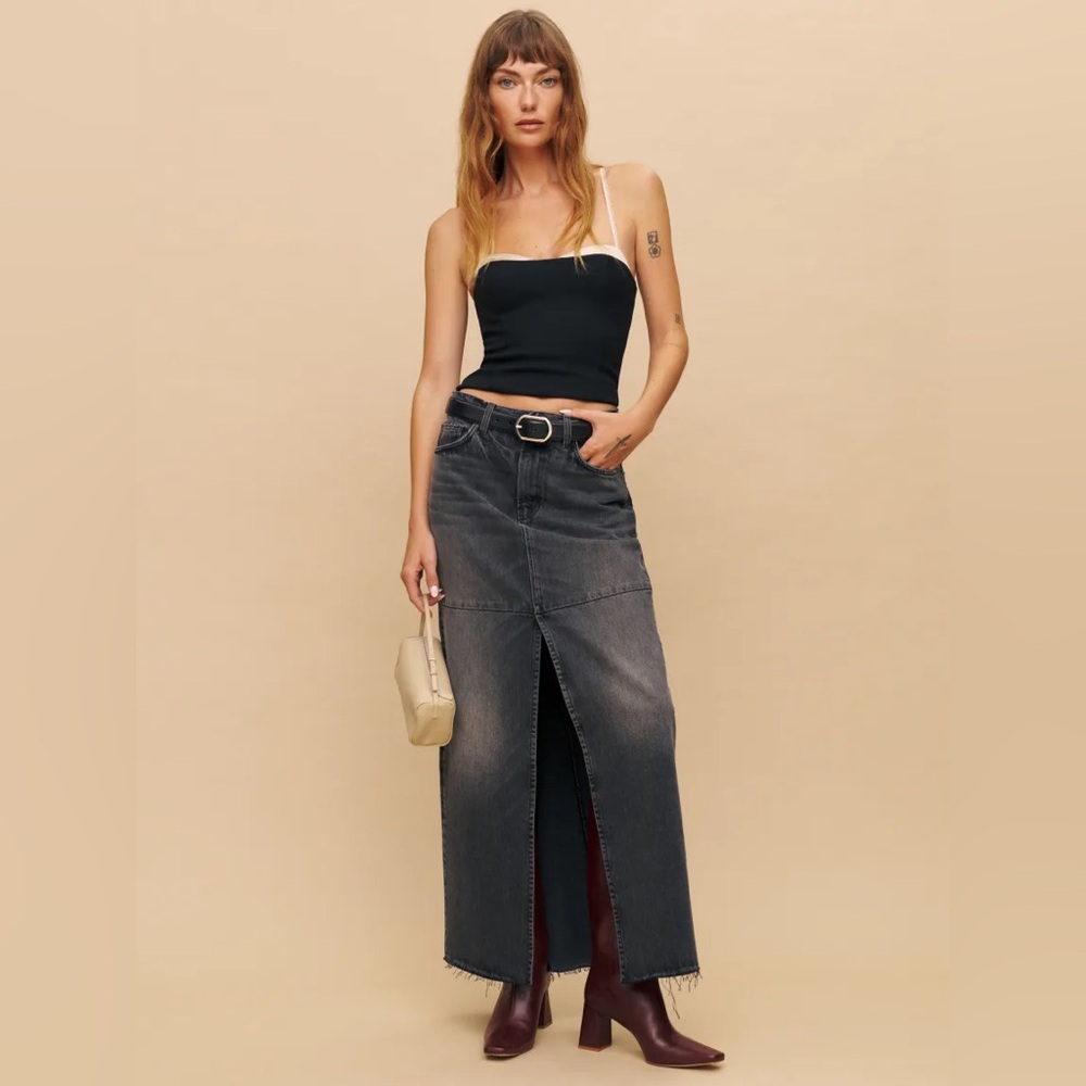 Reformation Tazz Maxi Denim Slit Front Skirt in Liman Wash Size 24